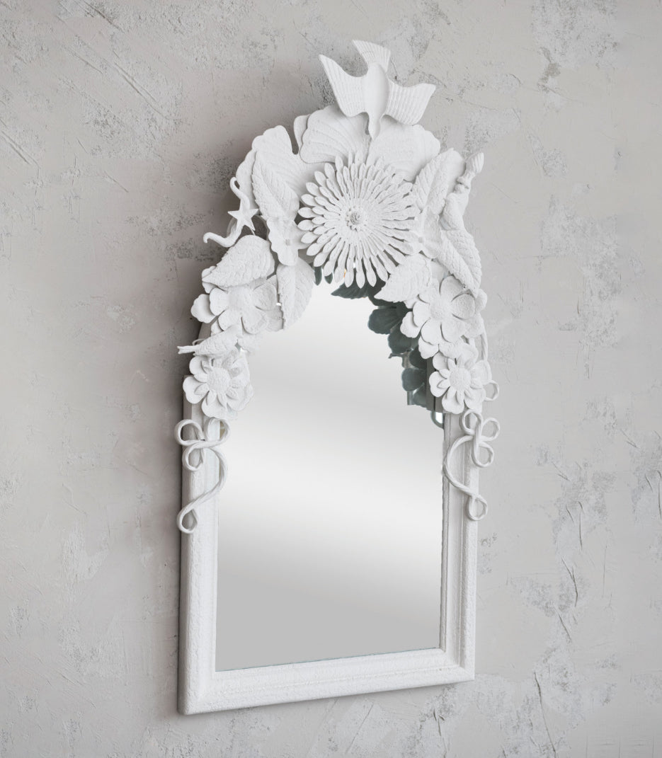 Wall Mirror w/ Embossed Metal Flowers & Birds