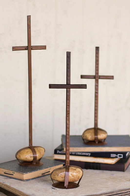 Scrap Metal Crosses w/ Caged Rock Base