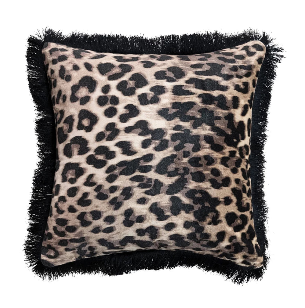 Cotton Velvet Leopard Printed Fringe Pillow