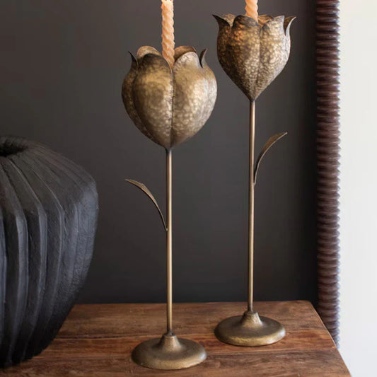 Set of 2 Antique Brass Tulip Candle Holders